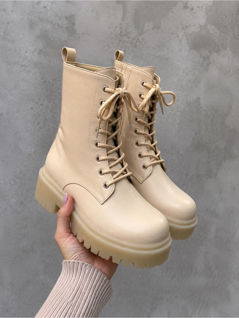 Neutral Beige Lace-Up Platform Boots for Women